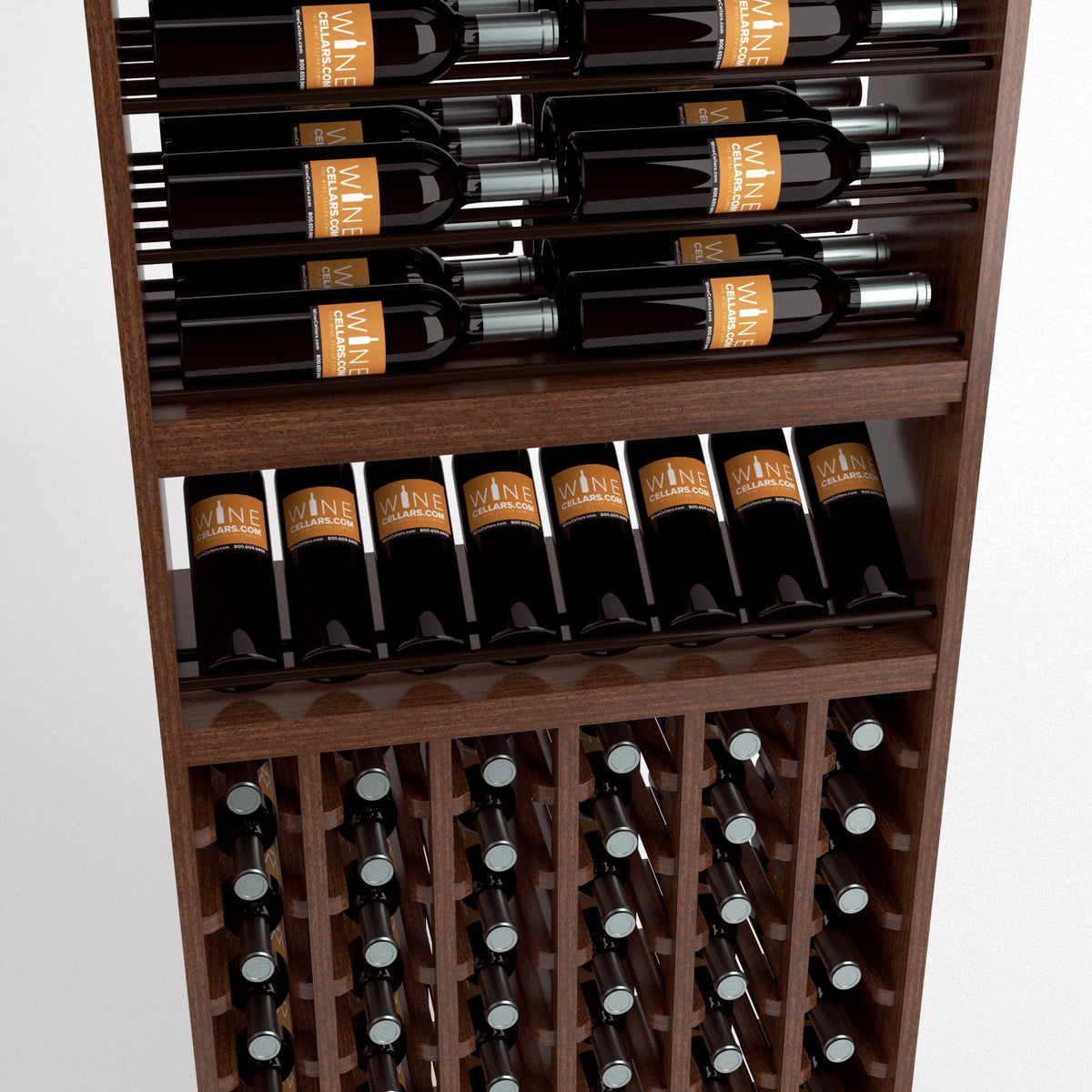 Wood wine rack with top row rails, front shelf, and lower bottle cubbies
