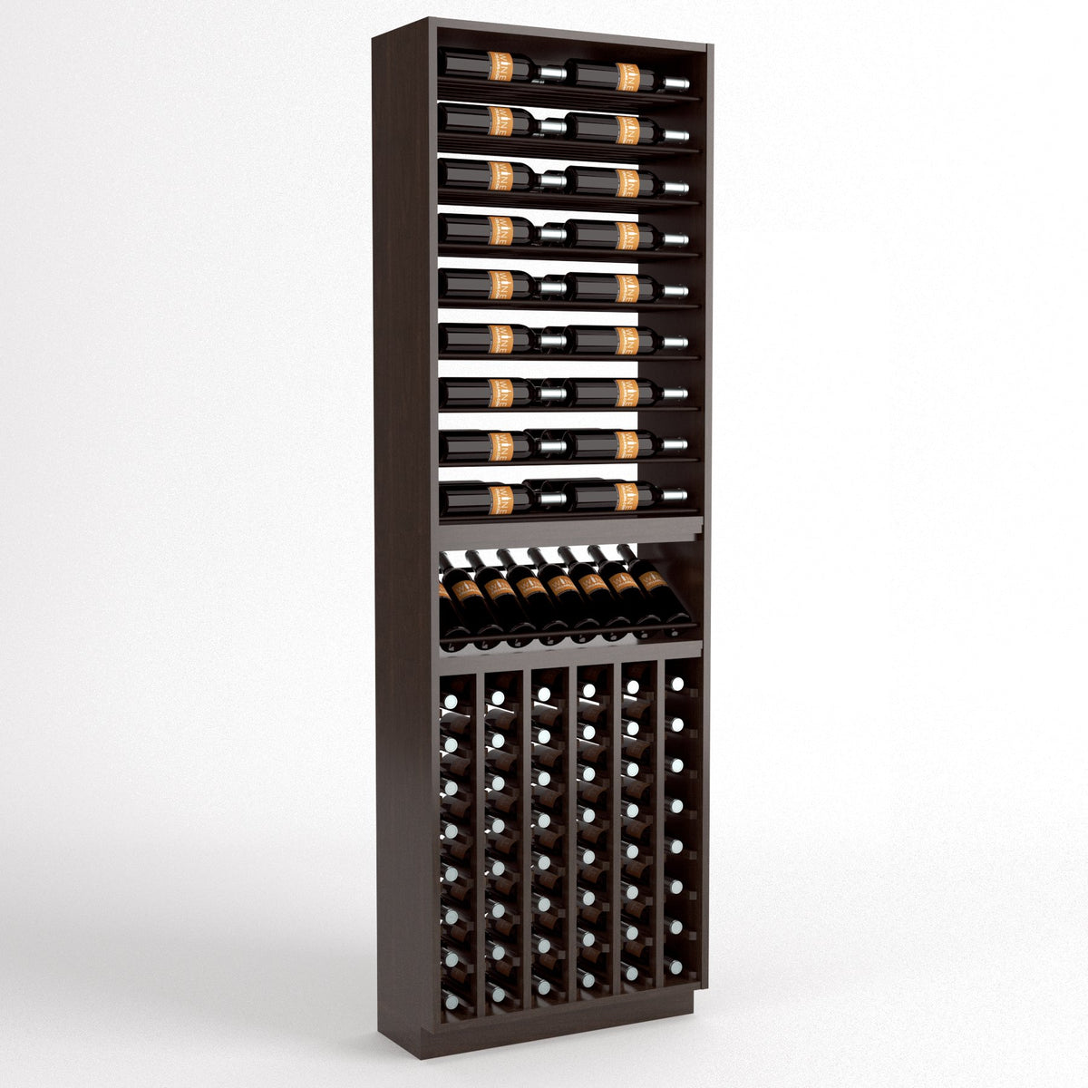 Dark wood wine rack cabinet with bottle rails on top, display shelf, and front cellar cubbies
