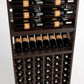Close-up of wood wine rack with bottle rails above, display shelf in the middle, cellar cubbies below