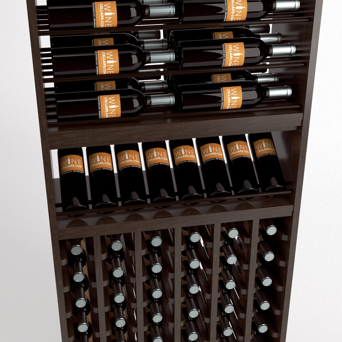 Close-up of wood wine rack with bottle rails above, display shelf in the middle, cellar cubbies below