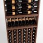 Wood wine rack with upper bottle display rails and lower multi-bottle storage
