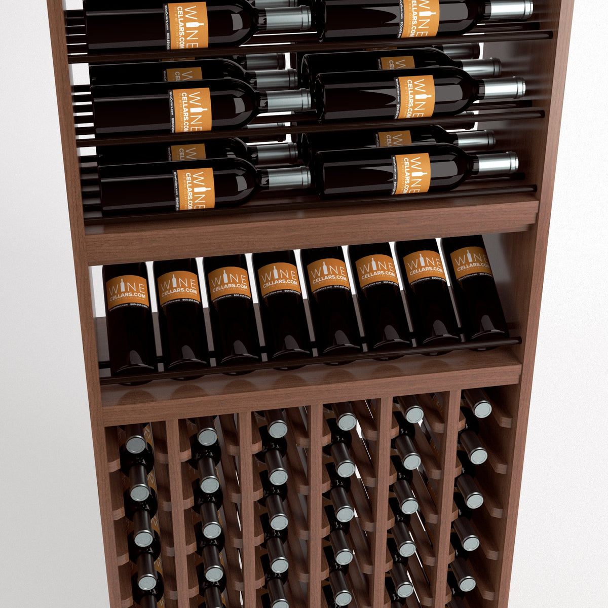 Wood wine rack with upper bottle display rails and lower multi-bottle storage