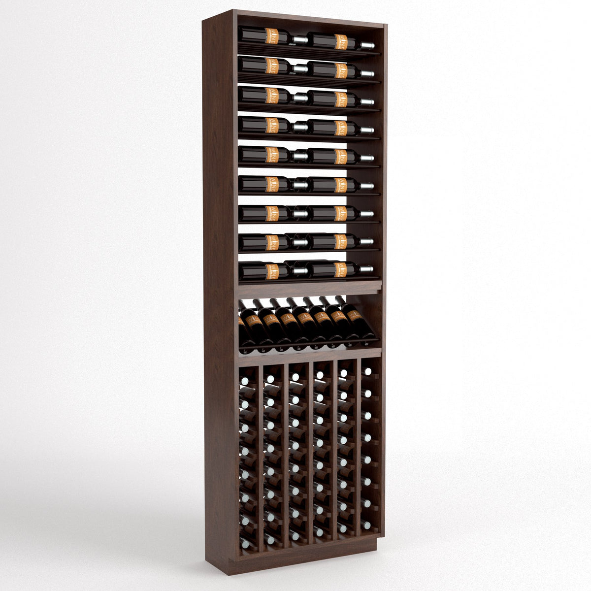 Dark wood wine rack cabinet with horizontal bottle rails, wine display shelf, and cellar slots