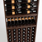 Wood wine rack section with horizontal bottle rails, arched display shelf, and bottle cellar cubbies
