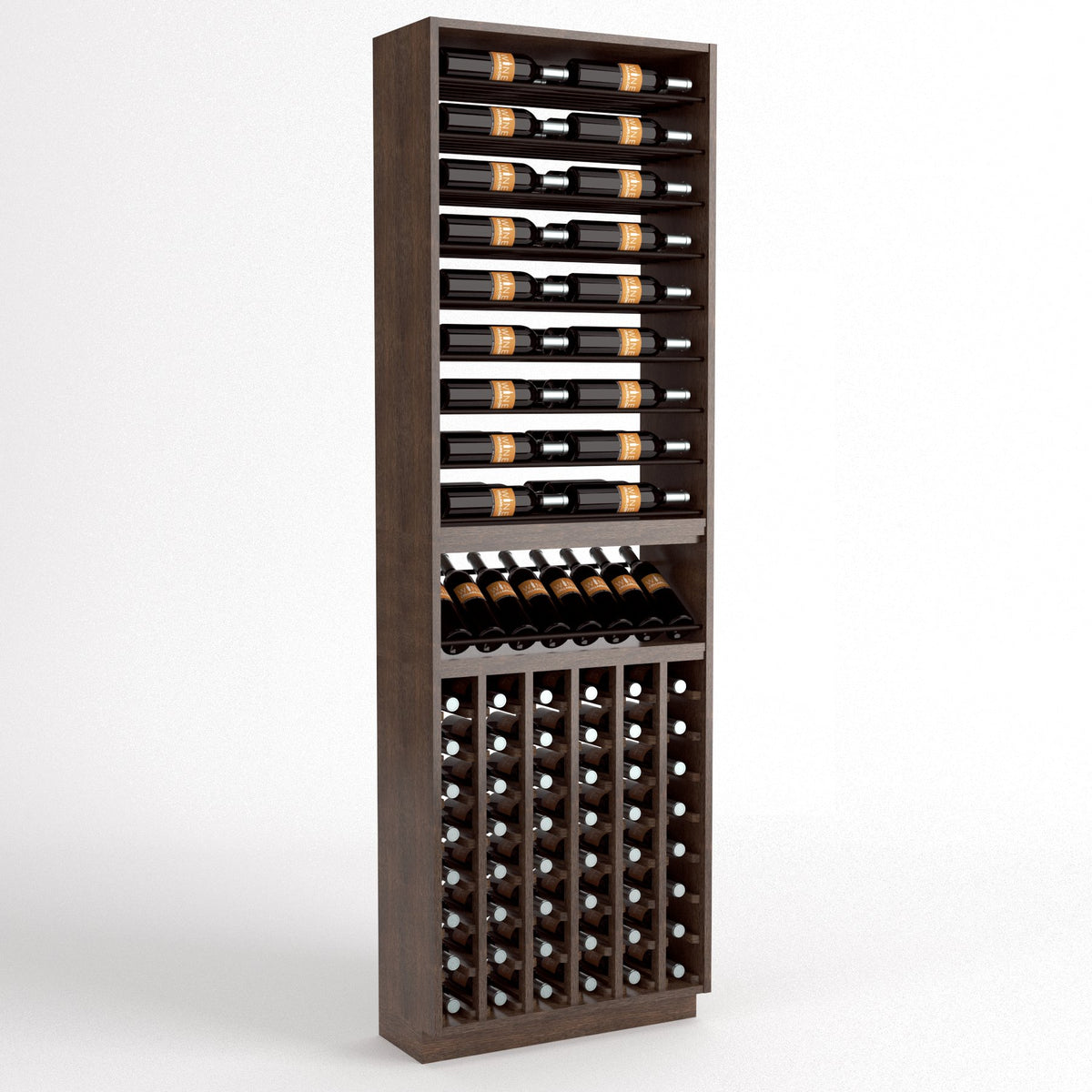 Dark wood wine rack cabinet with top bottle rails, curved cradles, and front bottle cubbies