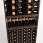Wood wine rack with wine bottle rows above and a front row of bottle holders