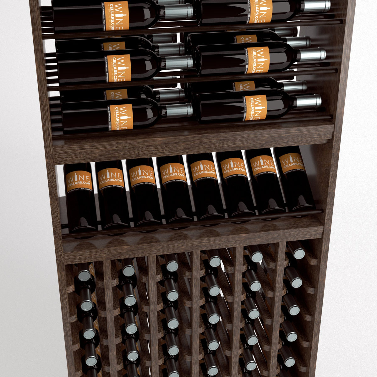Wood wine rack with wine bottle rows above and a front row of bottle holders