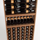 Wood wine rack with upper bottle display rows and lower wine bottle cubbies