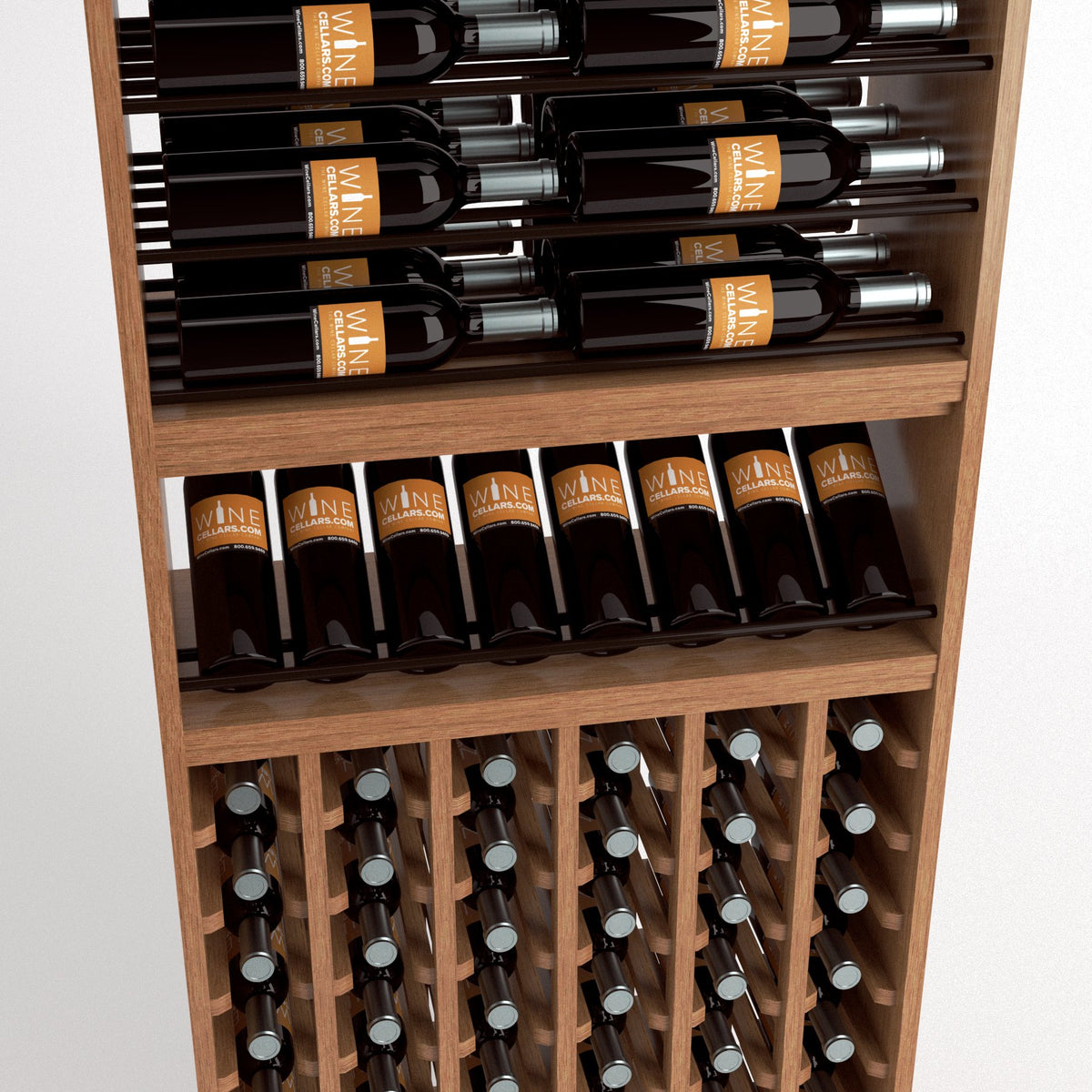 Wood wine rack with upper bottle display rows and lower wine bottle cubbies