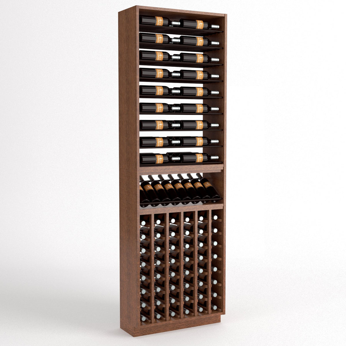 Tall wooden wine rack with upper horizontal bottle rails and bottom wine storage