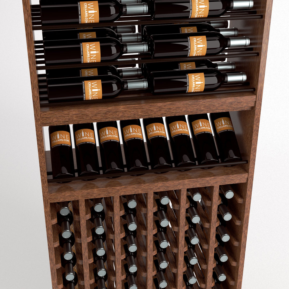 Light wood wine rack close-up with horizontal bottle rails, display shelf, and front cellar cubbies