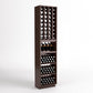 Dark wood wine cellar rack with grid bottle cubbies, glass display shelf, and drawers