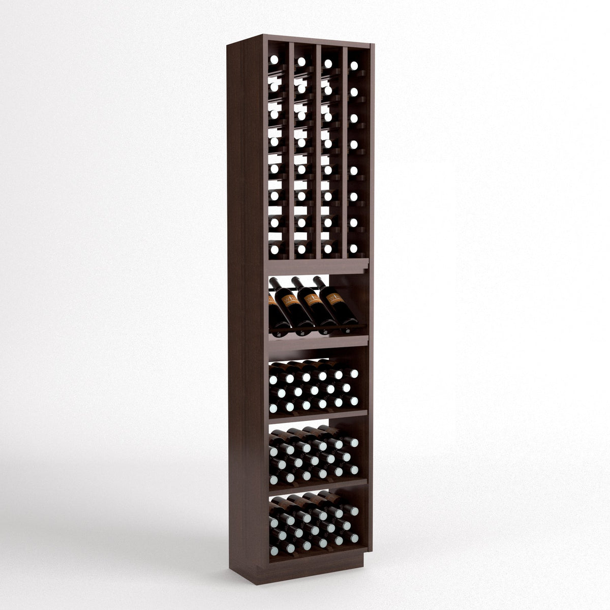 Dark wood wine cellar rack with grid bottle cubbies, glass display shelf, and drawers