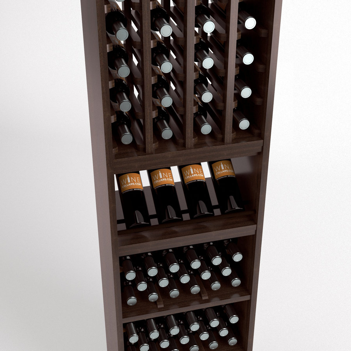 Dark wood wine rack showing front bottle rows with labeled bottles and empty display shelves