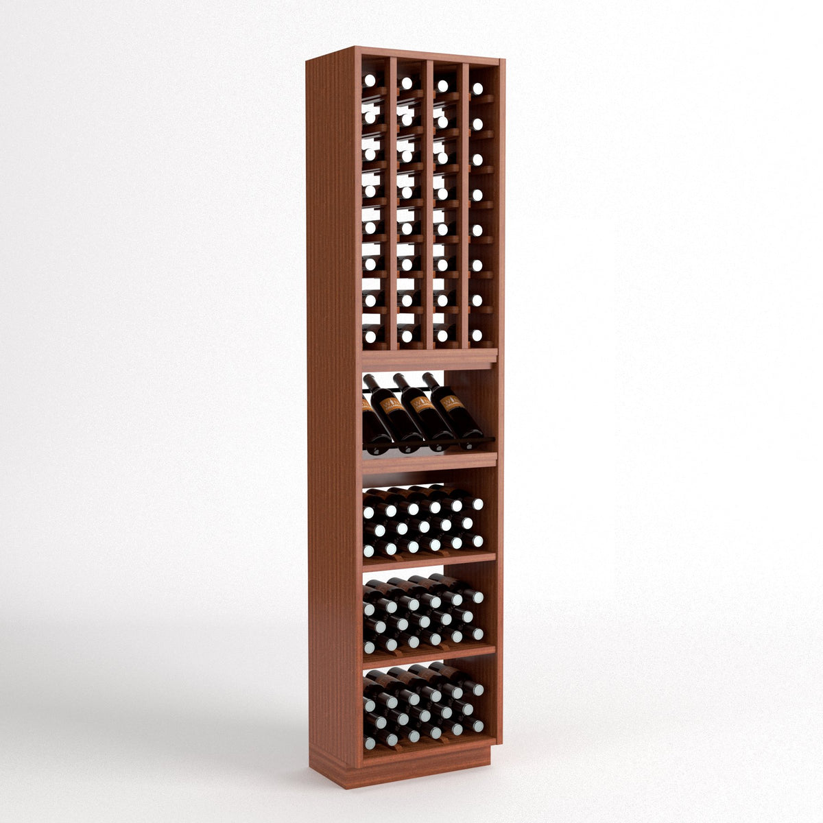 Brown wood wine cellar rack with bottle grid cubbies, glass display shelf, and stacked drawers