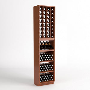 Brown wood wine cellar rack with bottle grid cubbies, glass display shelf, and stacked drawers