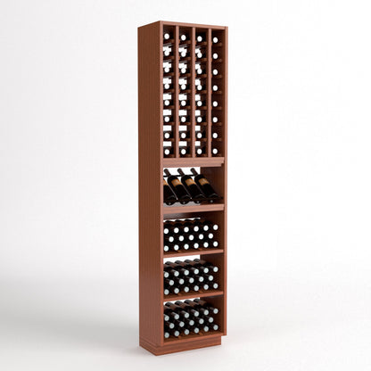 Brown wood wine cellar rack with bottle grid cubbies, glass display shelf, and stacked drawers