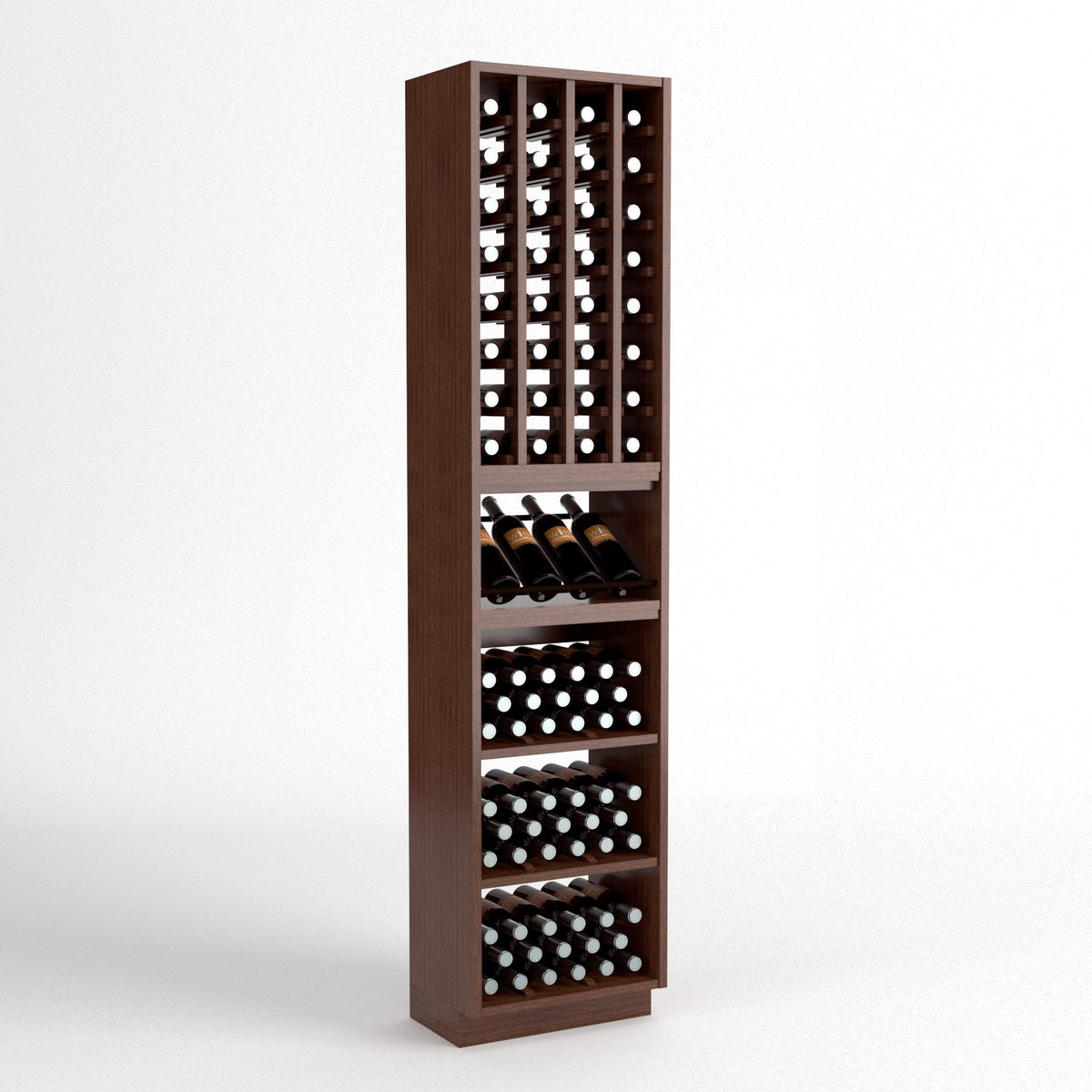 Brown wood wine cellar rack standing upright with bottle grid cubbies and multiple bottle drawers