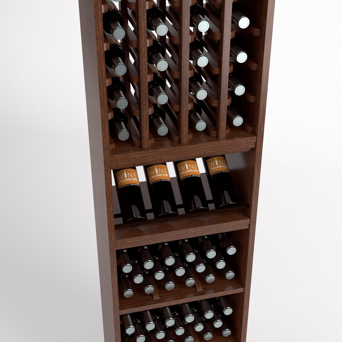 Brown wood wine rack interior view with rows of bottles in grid and stacked storage shelves