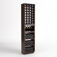Dark brown wood wine cellar rack with bottle grid cubbies, glass display shelf, and bottle drawers