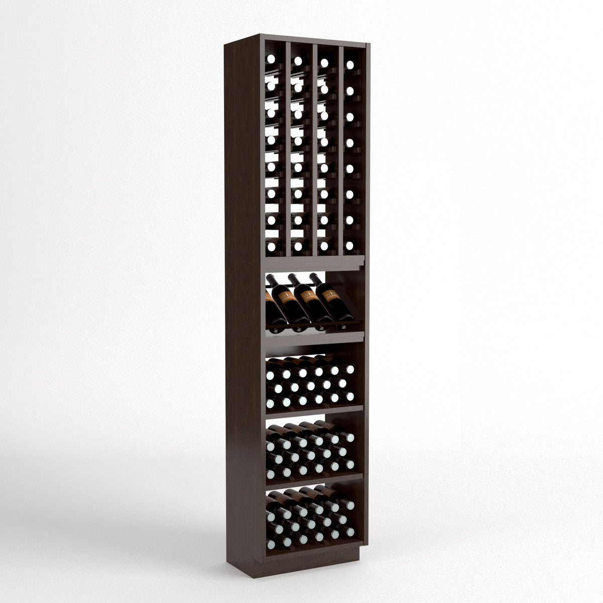 Dark brown wood wine cellar rack with bottle grid cubbies, glass display shelf, and bottle drawers