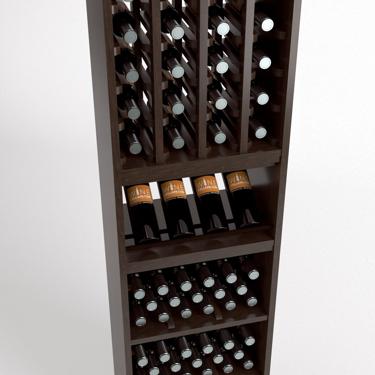 Dark brown wood wine rack showing bottle cubbies above shelves with bottles and neat rows