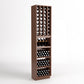 Brown wood wine cellar rack with bottle grid cubbies and multi-drawer bottle storage