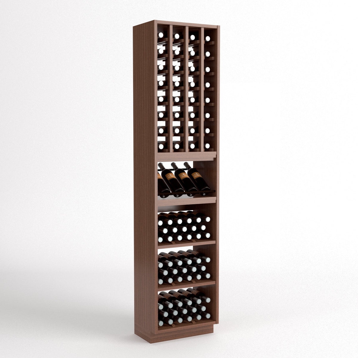 Brown wood wine cellar rack with bottle grid cubbies and multi-drawer bottle storage