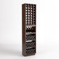 Tall wooden wine cellar rack with bottle grid storage, cube cubbies, and drawer shelves