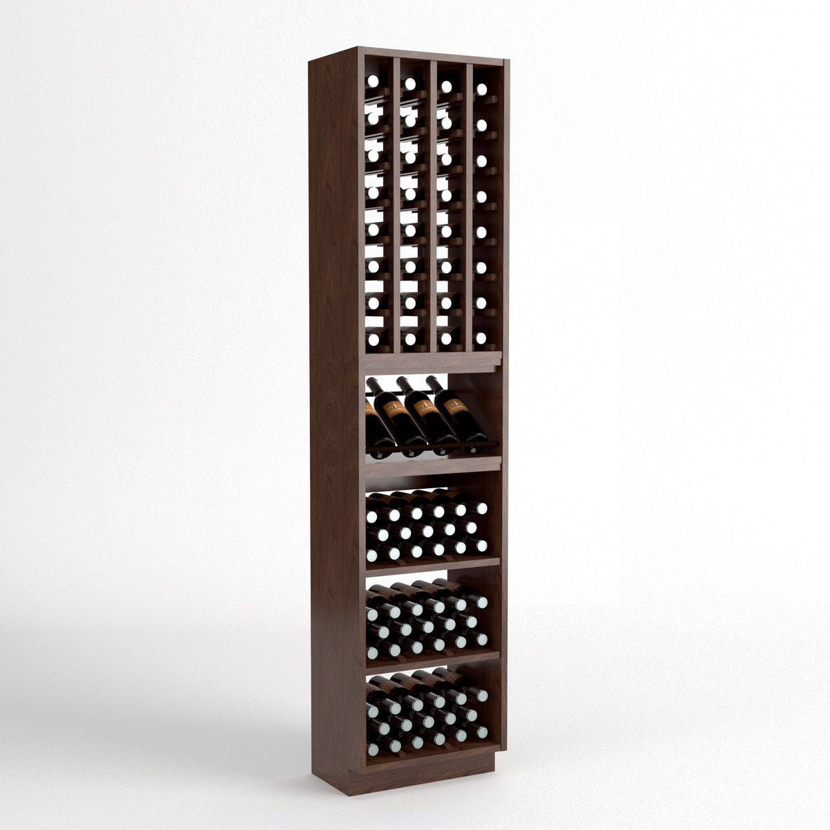 Tall wooden wine cellar rack with bottle grid storage, cube cubbies, and drawer shelves