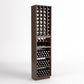 Freestanding wooden wine rack with bottle grid, cork display cubbies, and storage drawers