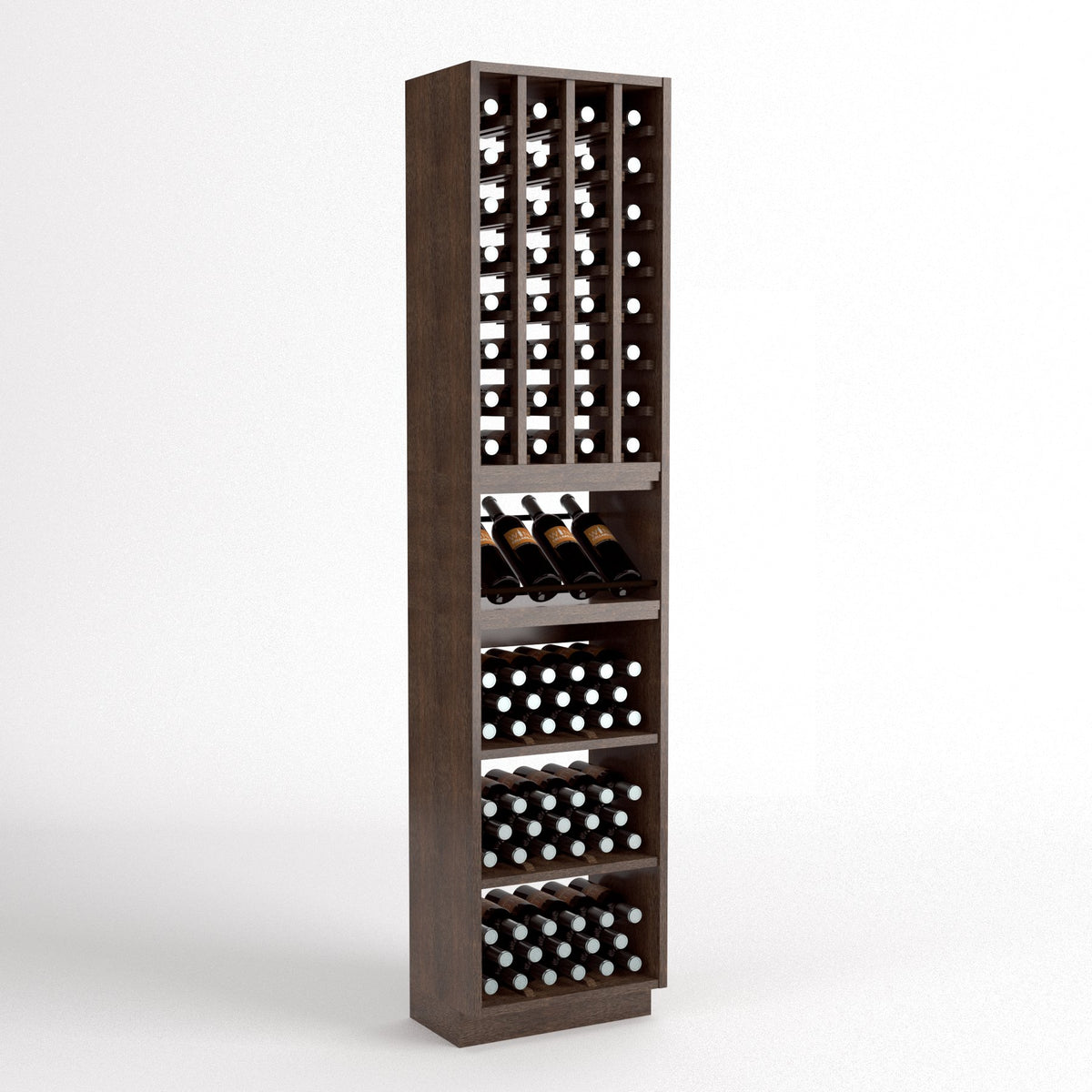 Freestanding wooden wine rack with bottle grid, cork display cubbies, and storage drawers