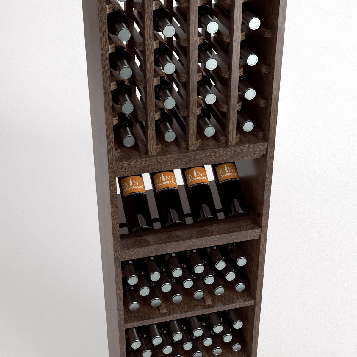 Walnut-toned wine rack showing bottle grid compartments, bottle display shelf, and row storage