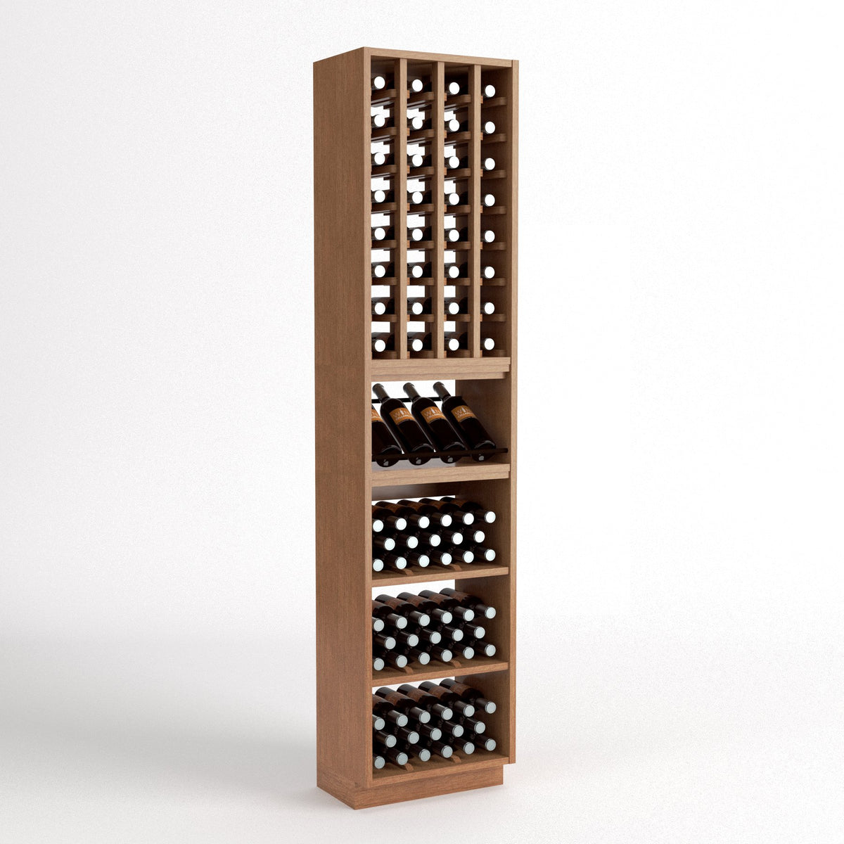 Freestanding wooden wine cellar rack with bottle grid storage and multiple wine bottle drawers