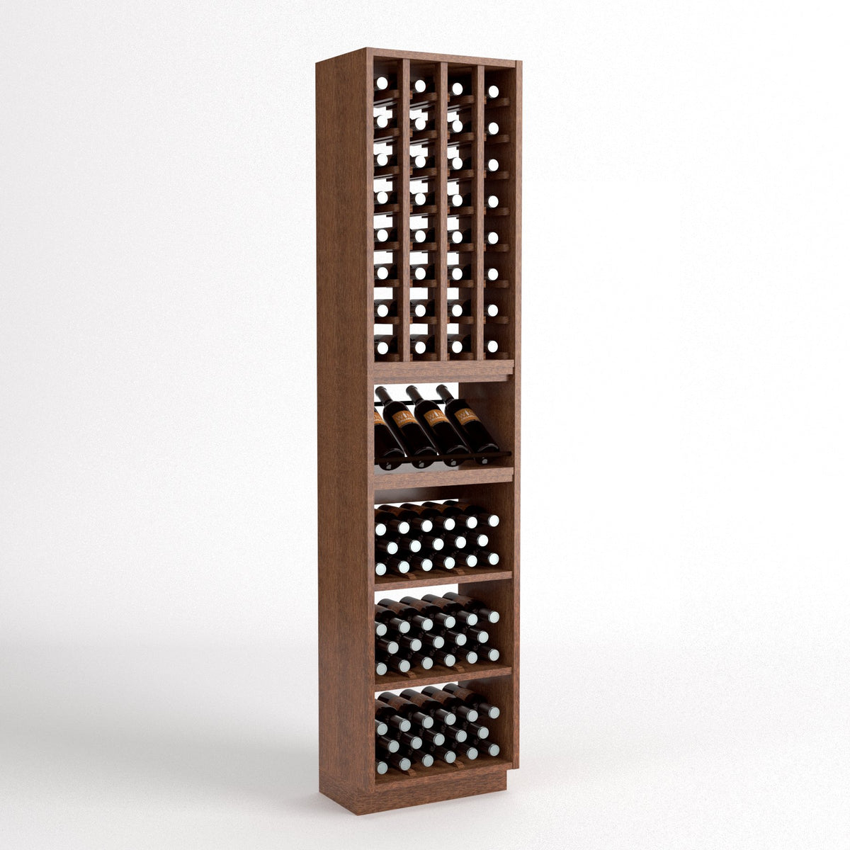 Tall wooden wine rack with bottle grid cubbies, curved wine holder tray, and drawer rows
