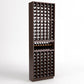 Compact front view of a dark wood wine bottle display rack with grid storage