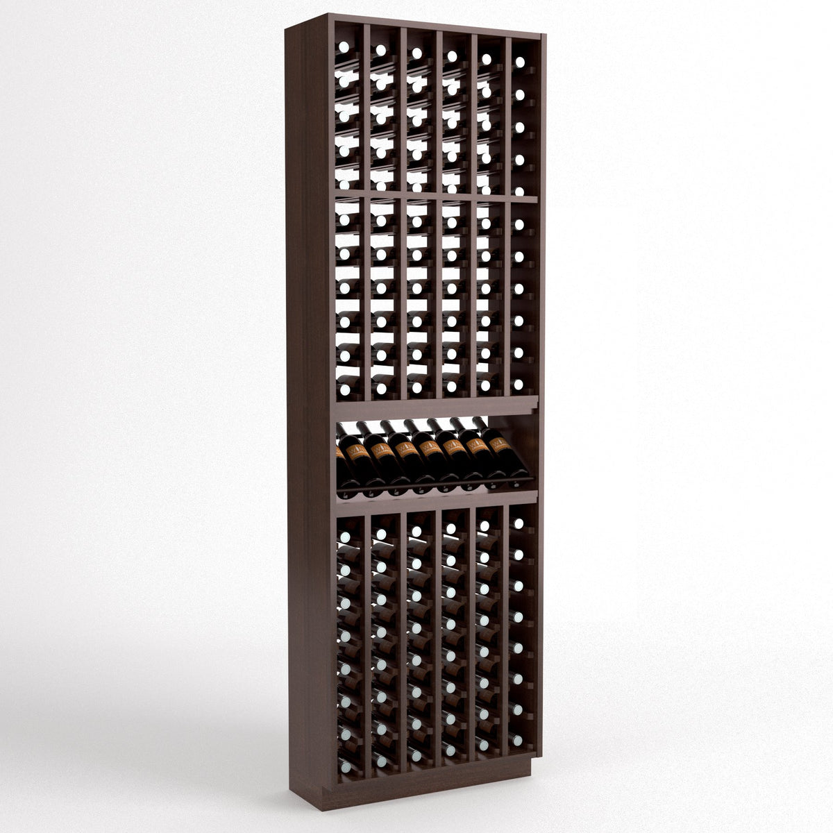 Compact front view of a dark wood wine bottle display rack with grid storage