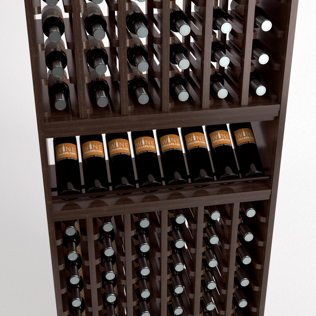 Wood wine bottle rack close-up showing upright bottles in grid compartments