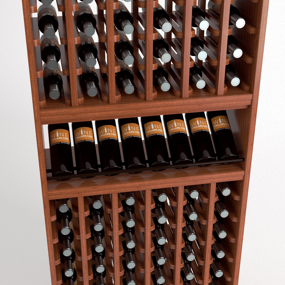 Front-facing six-column wooden wine rack with bottle cubbies and stacked storage