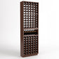 Dark brown wood wine bottle cellar rack with bottle slots and a center wine display shelf