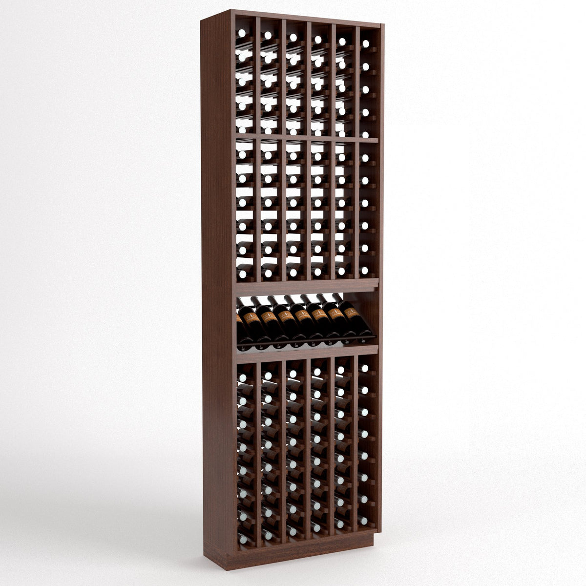 Dark brown wood wine bottle cellar rack with bottle slots and a center wine display shelf