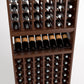 Front view of six-column wooden wine rack with rows of bottles and open shelves