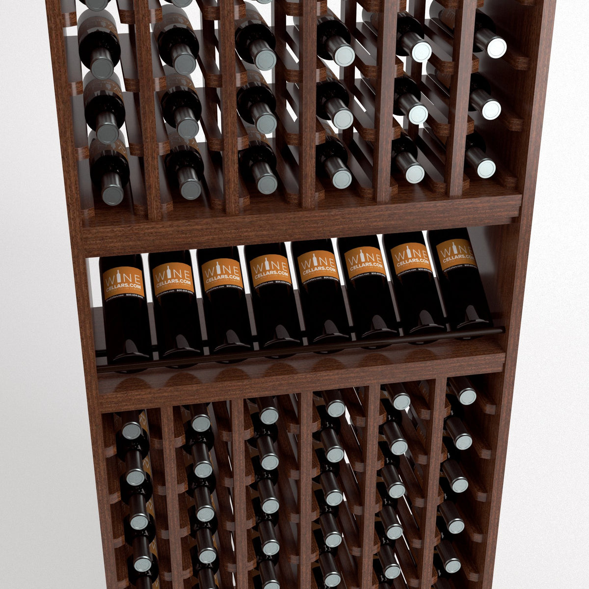 Front view of six-column wooden wine rack with rows of bottles and open shelves