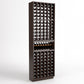 Dark brown wood wine bottle cellar rack with bottle slots and a mid-level wine shelf
