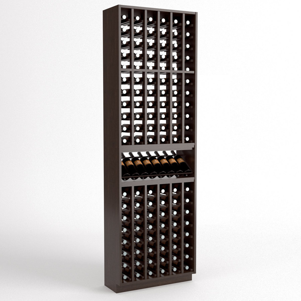 Dark brown wood wine bottle cellar rack with bottle slots and a mid-level wine shelf