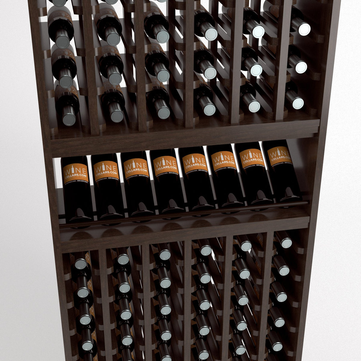 Wood wine bottle rack close-up with upright bottles and a middle wine display shelf