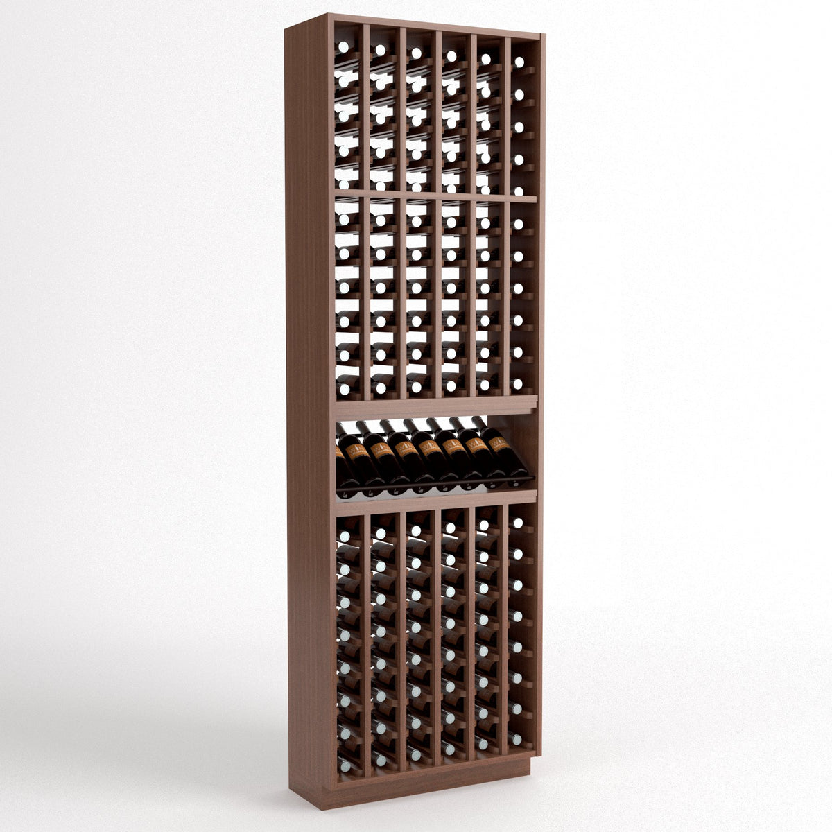 Light brown wood wine bottle cellar rack with bottle slots and a center bottle display shelf
