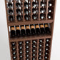Wood wine cellar rack with multiple bottle cubbies and three stacked bottle rows