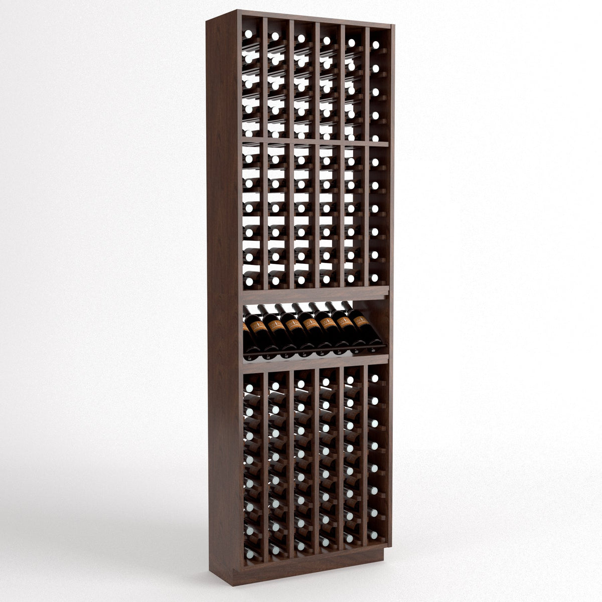 Dark brown wood wine bottle cellar rack with bottle slots and a center bottle display