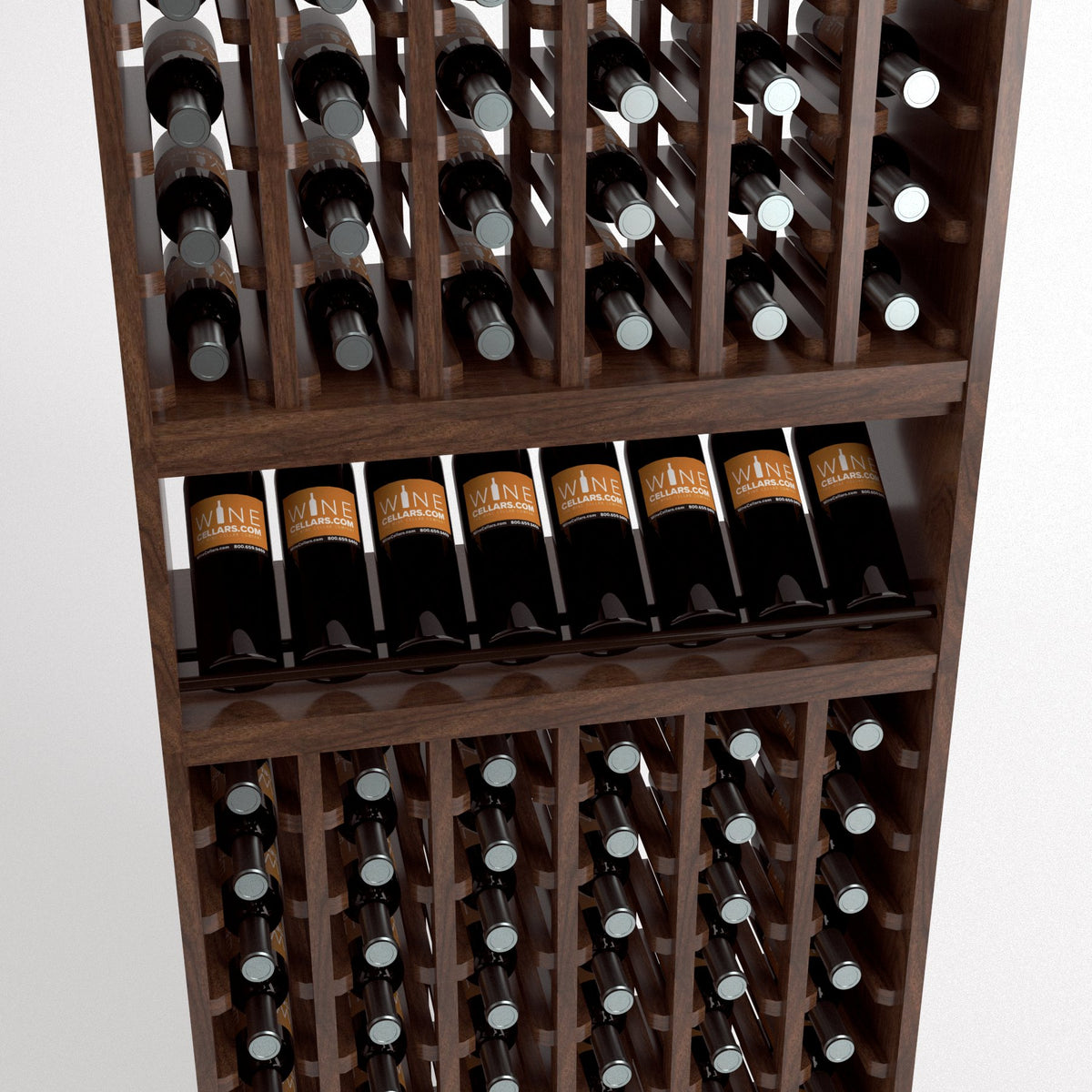 Wood wine cellar rack showing upper bottle cubbies and two lower storage shelves